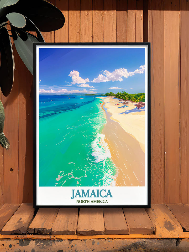 Featuring the tranquil beauty of Seven Mile Beach in Jamaica, this art print captures the essence of the islands tropical charm. This travel poster is ideal for anyone who loves to explore or appreciates the natural beauty of the Caribbean.