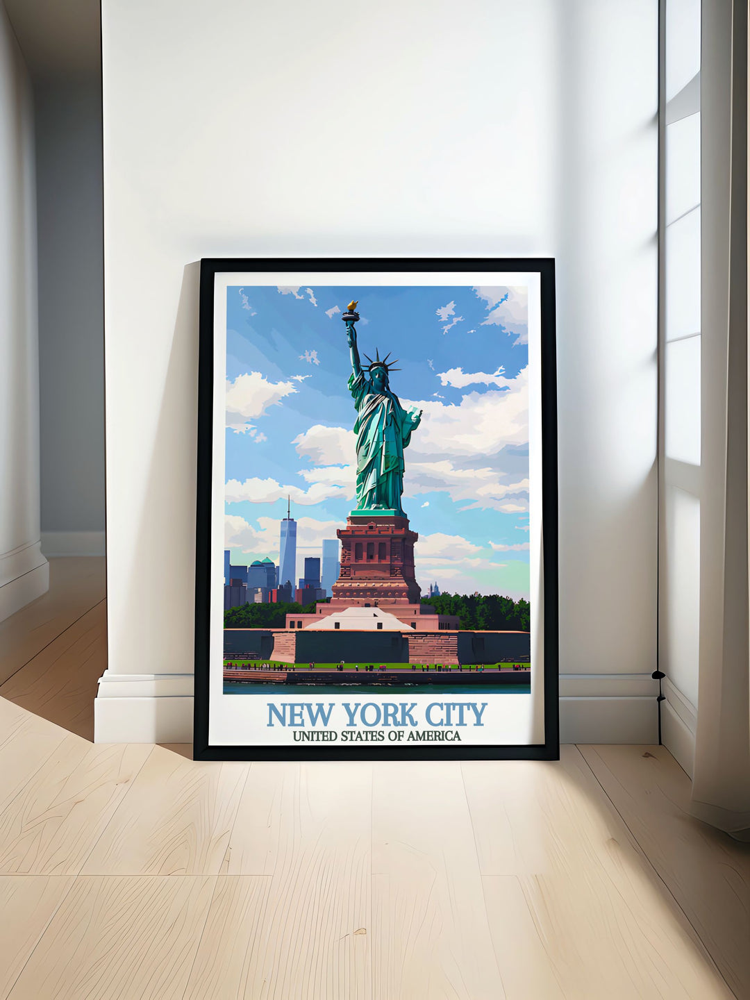 Watercolour art of the Statue of Liberty and New York skyline showcasing the vibrant urban landscape perfect for elegant home decor and living room wall art