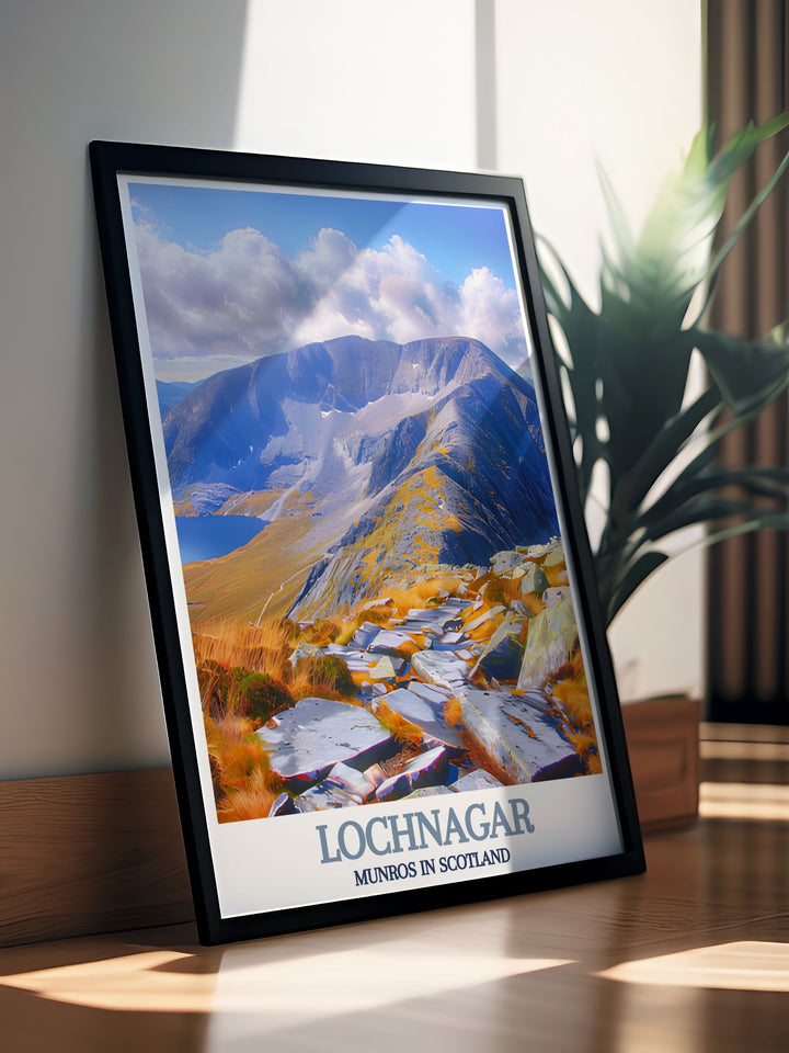 Lochnagar Summit Home Decor showcasing the majestic peaks of the Scottish Highlands with artistic vintage travel prints of Lochnagar Munro and Beinn Chìochan Munro perfect for enhancing your living space with the beauty of the Scottish mountains