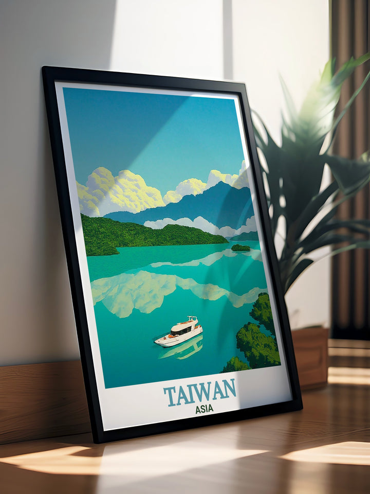 Elegant Sun Moon Lake artwork bringing the natural beauty of Taiwan into your home ideal for sophisticated and serene home decor and perfect wall art for any space.