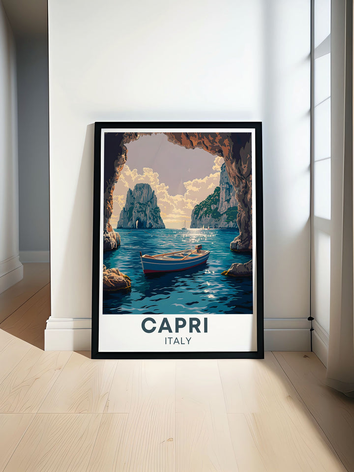 Showcasing the enchanting Blue Grotto of Capri, this travel poster highlights the grottos mystical glow and serene waters, making it a dream destination for nature lovers. Perfect for those who appreciate iconic landscapes and natural beauty.