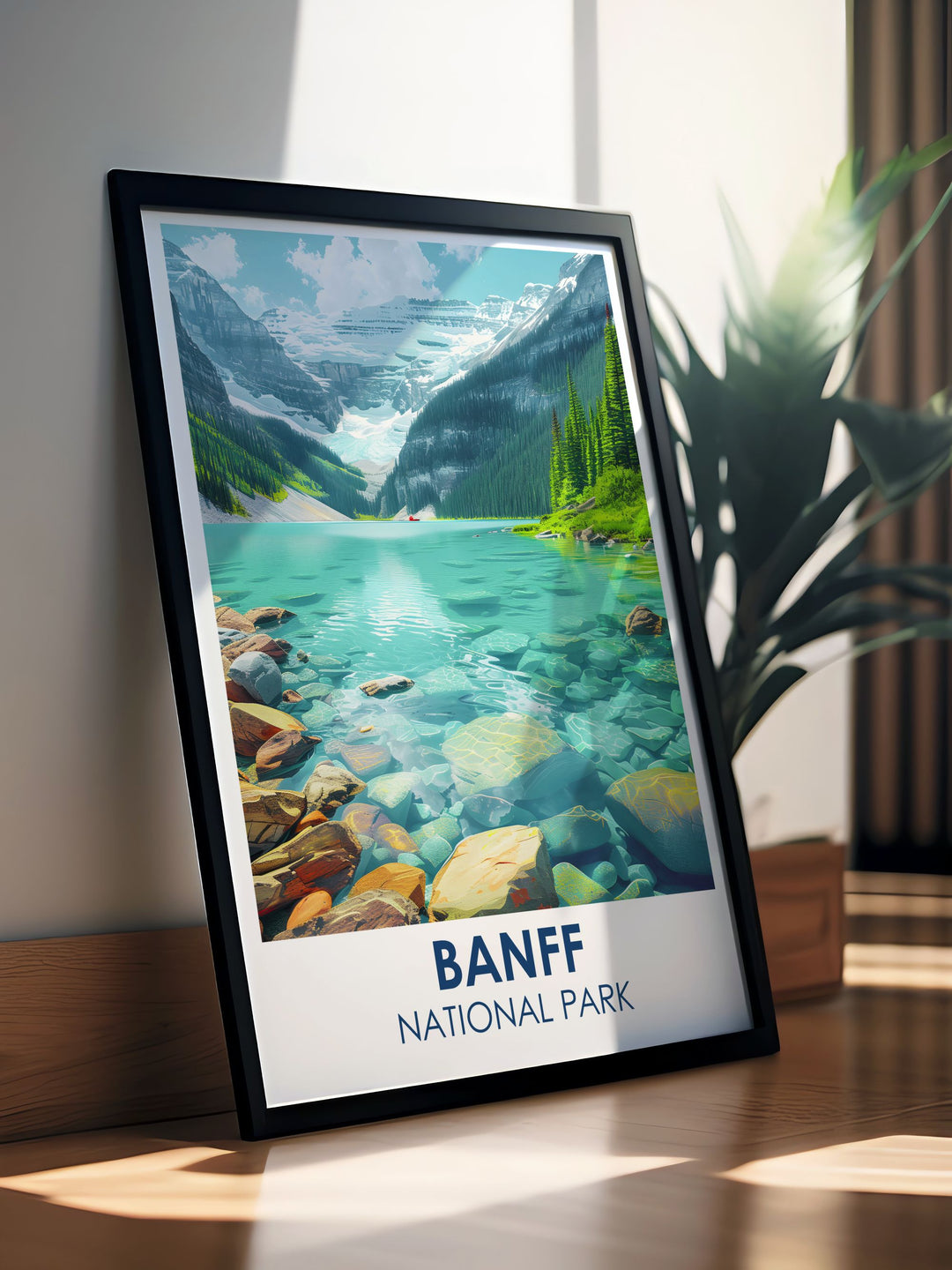 Vintage poster of Banff National Park designed with classic styling, highlighting the historic charm and enduring allure of Canadas treasured landscapes, suitable for collectors and enthusiasts of retro art.