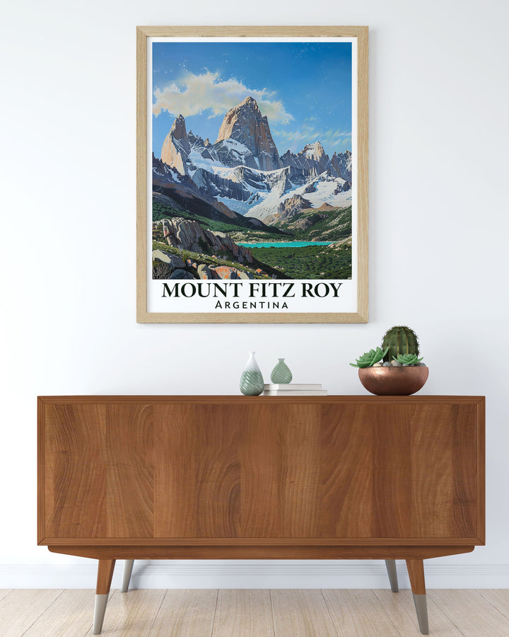 Vintage Travel Print of Mt Fitz Roy featuring the breathtaking landscapes of Argentina and Chile a timeless piece of art that adds a touch of nostalgia and adventure to your home decor