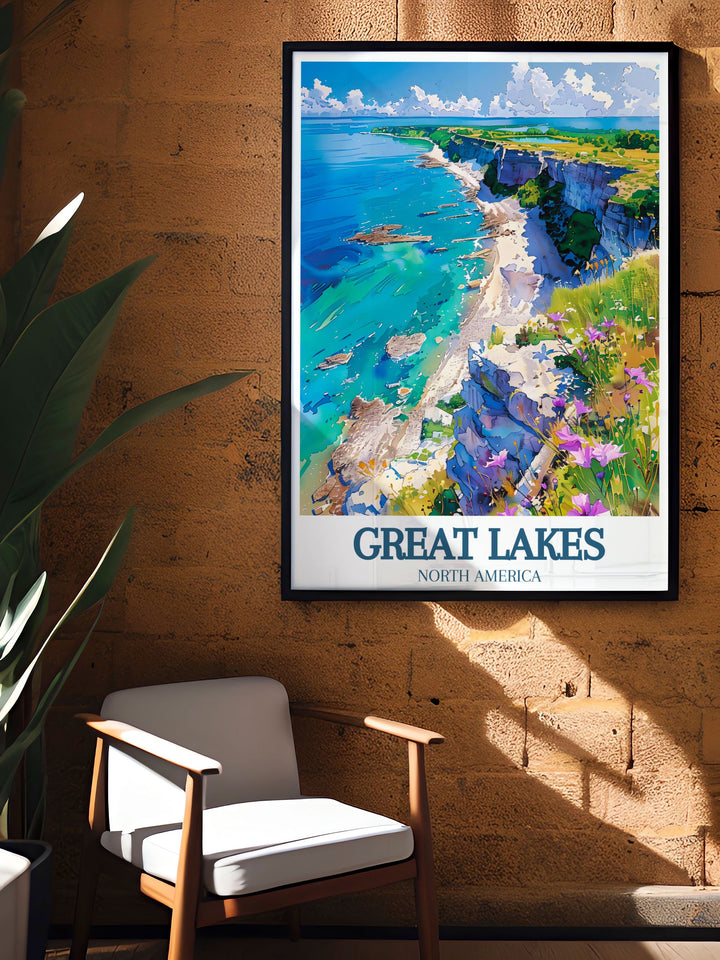 Lake Erie Travel Print showcases the natural charm of Lake Erie and Kelleys Island, blending artistic elements with a detailed map. Its a perfect gift for anyone who loves the Great Lakes or enjoys personalized travel inspired art.