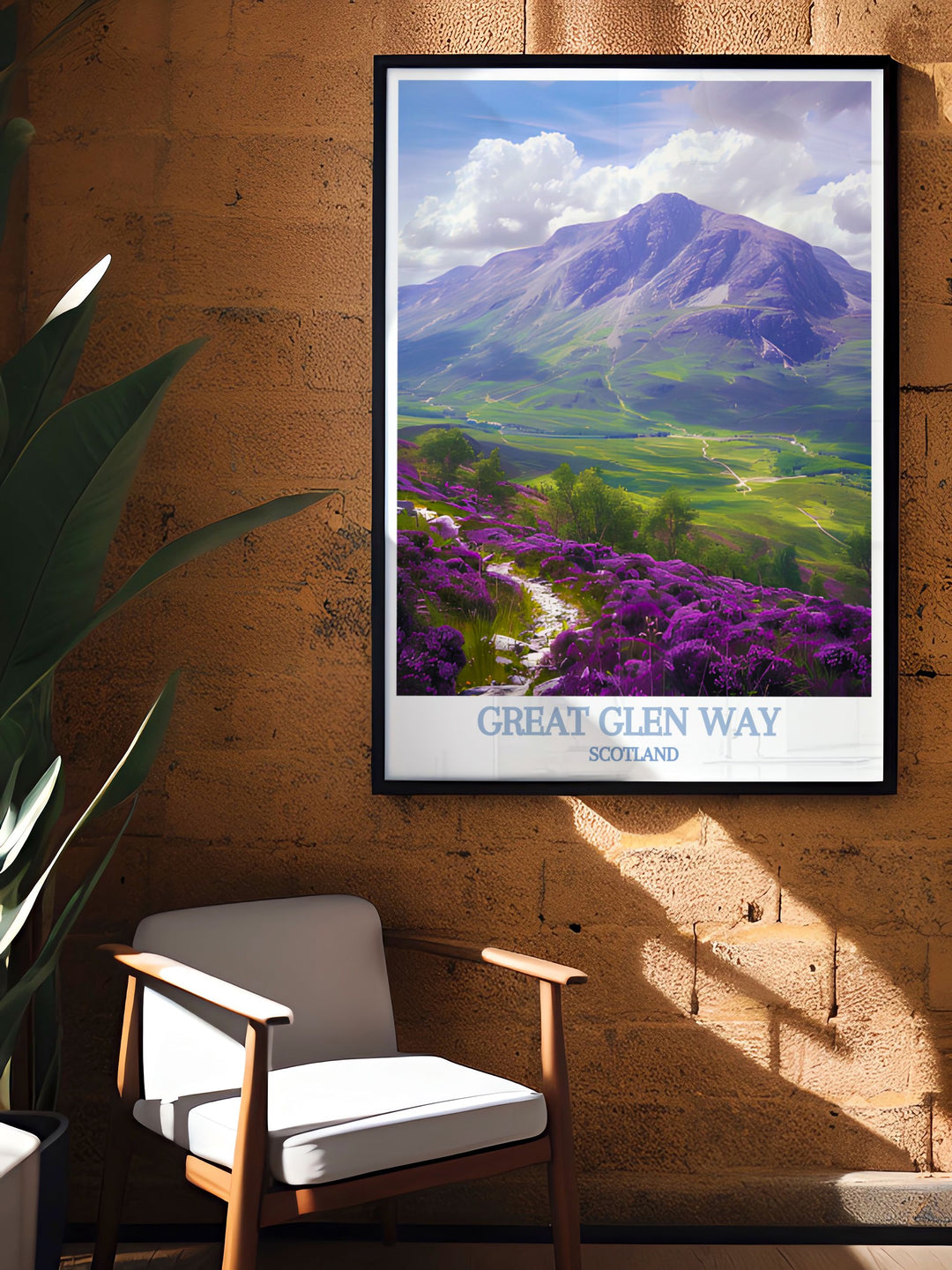 Highlighting the majestic Ben Nevis, this travel poster showcases Scotlands highest peak along the Great Glen Way, ideal for bringing the rugged beauty of the Scottish Highlands into any space.