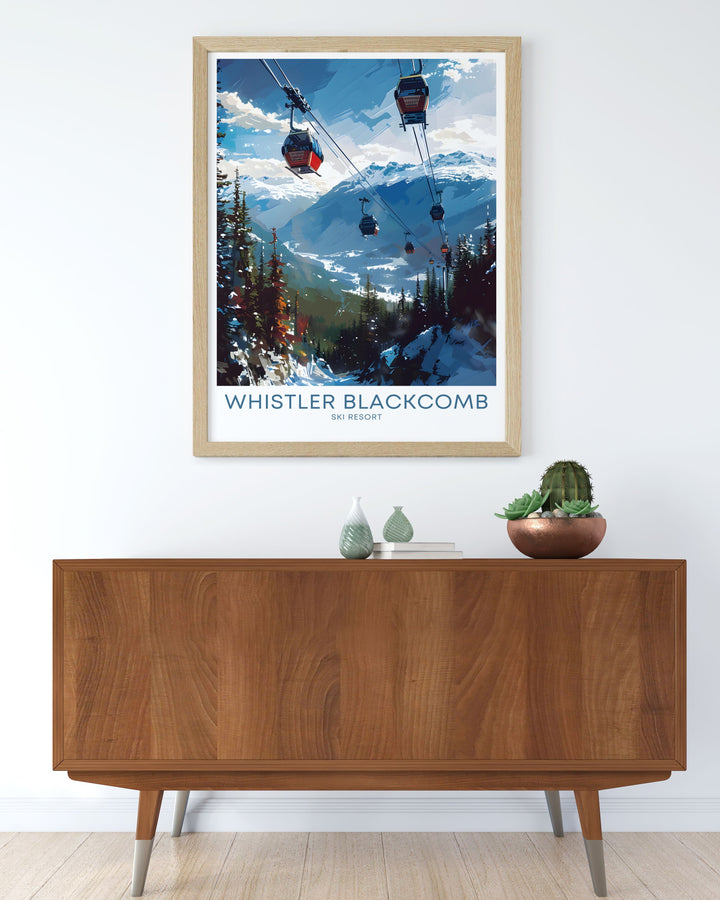 Whistler Blackcomb ski resort poster featuring the Peak 2 Peak Gondola, perfect for snowboarding lovers and those who appreciate vintage ski posters and skiing artwork, adding charm and adventure to any room.