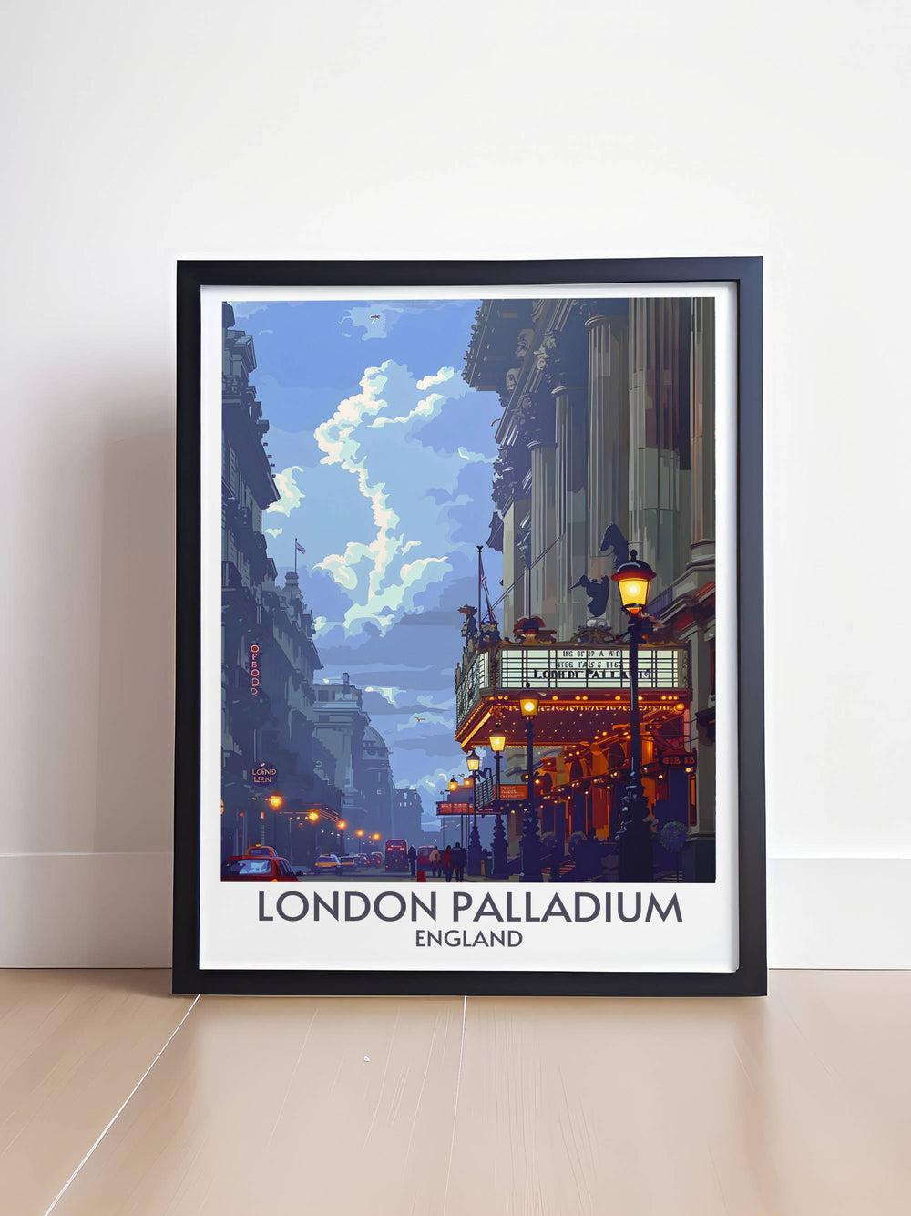 Elegant The Facade of London Palladium Framed Print celebrating the iconic architecture of the Palladium. This retro travel poster captures the charm of the theatres facade and its significance in Londons theatre history. Perfect for a stylish home or office.