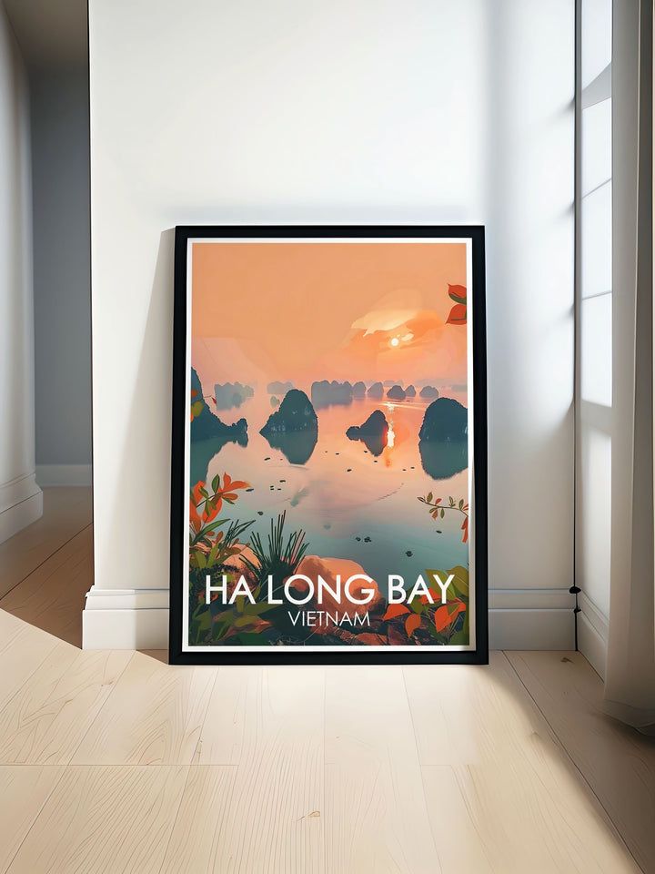 Ha Long Bay Wall Print brings the wonders of Vietnams landscape into your home. With Dragon Tails Island as a prominent feature, this print offers a serene and stunning depiction of the world famous bay, perfect for any nature enthusiast.