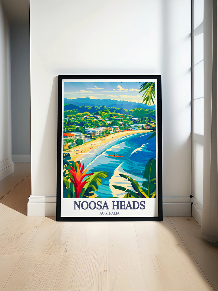 Noosa Everglades Travel Poster beautifully illustrating the wetland ecosystems and wildlife of Noosa, paired with the iconic views of Noosa Heads Main Beach. This piece of art is ideal for nature lovers who appreciate the harmony of beach and forest landscapes.