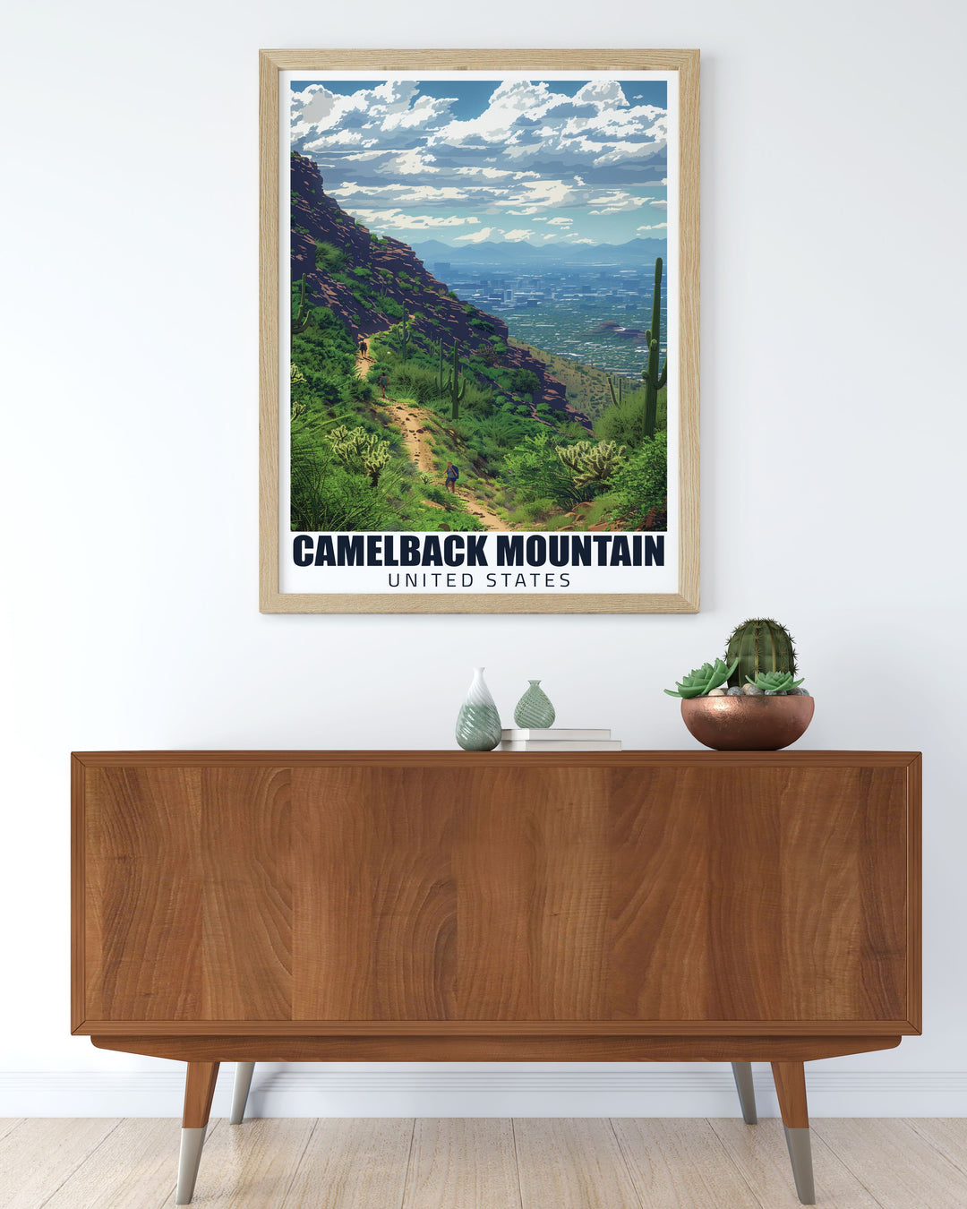 Experience the charm of Arizona with this Cholla Trail travel poster featuring the iconic Mt. Camelback. This Arizona poster is a perfect addition to any home or office decor offering a piece of the beautiful Arizona scenery to enhance your living space.
