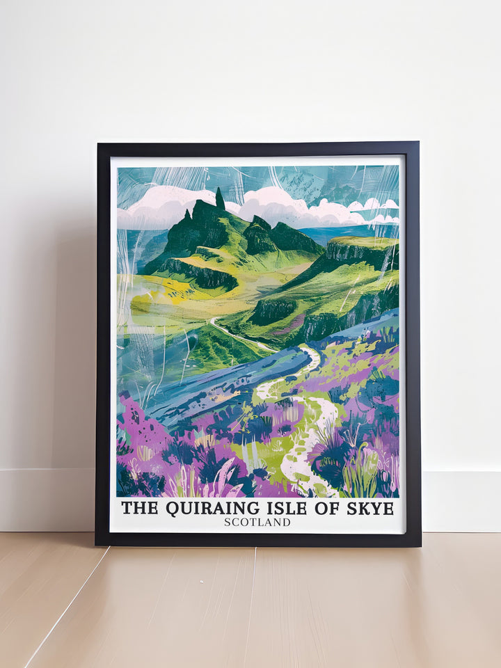 Scenic National Park poster of The Quiraing with The Table and Trotternish Ridge showcasing the natural beauty of Scotlands highlands and inviting exploration and adventure into your home with its detailed and inspiring design.