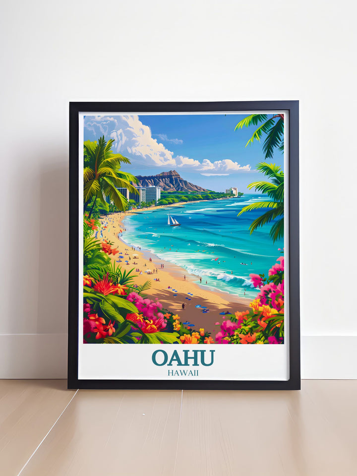 Enhance your decor with this Oahu photo of Waikiki Beach and Diamond Head Crater a stunning representation of Hawaiis natural beauty and a perfect addition to your wall.