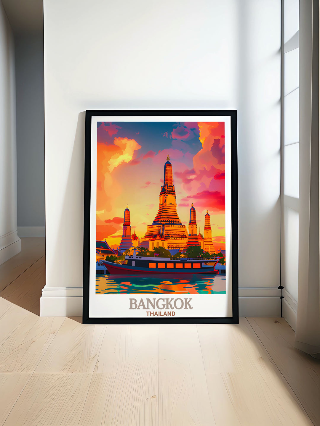 Wat Arun Modern Print featuring intricate details of Bangkoks iconic temple ideal for enhancing any living space with its vibrant colors and artistic representation of Bangkoks landmark