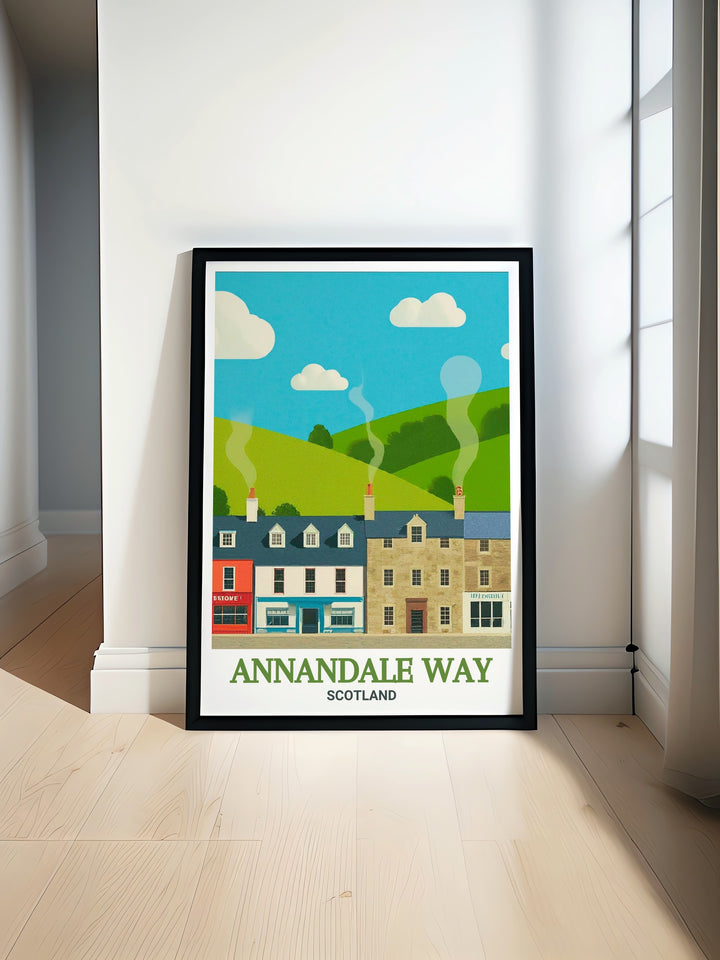 Annandale Way Print showcasing the beautiful landscapes of Scotland including Moffat Hills and Solway Firth perfect for home decor and a great gift for hiking enthusiasts this print brings the beauty of Scotland into your living space