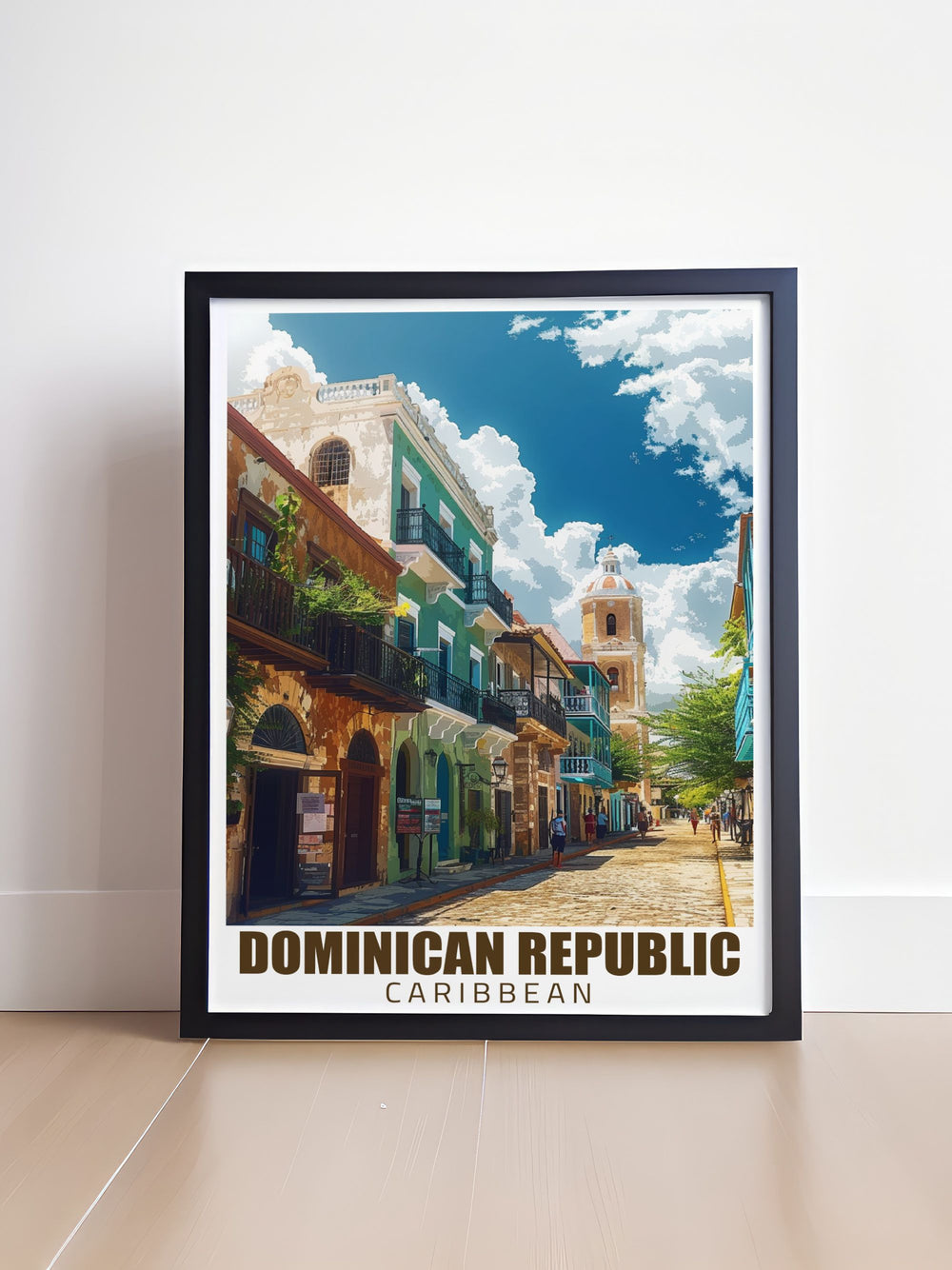 Vintage print of the Colonial District of Santo Domingo featuring intricate details and vibrant colors ideal for adding a touch of elegance to any space