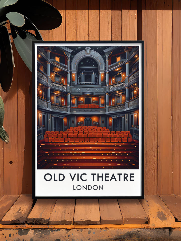 This art deco travel poster captures the iconic main auditorium of The Old Vic Theatre in London. With vibrant colors and vintage inspired design, this Old Vic print celebrates the rich history and beauty of one of Londons most famous theatres. Perfect for home décor or as a gift.