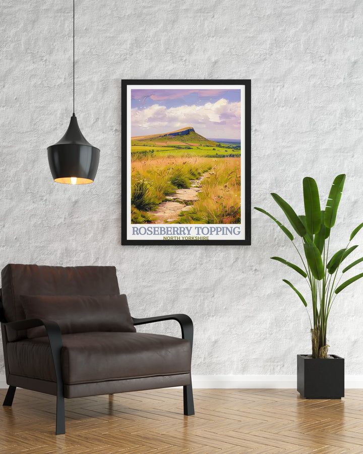 Celebrate the beauty of North Yorkshires Roseberry Topping with this detailed travel print. A stunning addition to any space, it brings the rugged charm of the North York Moors National Park to life, ideal for hikers, explorers, and nature lovers.