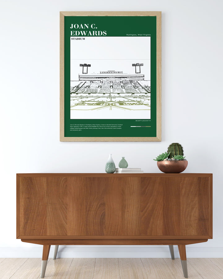 Marshall University football comes to life in this Joan C Edwards Stadium poster print. The perfect addition to any college dorm or sports room this Marshall Thundering Herd art is ideal for showcasing your love of NCAA football and American sports.