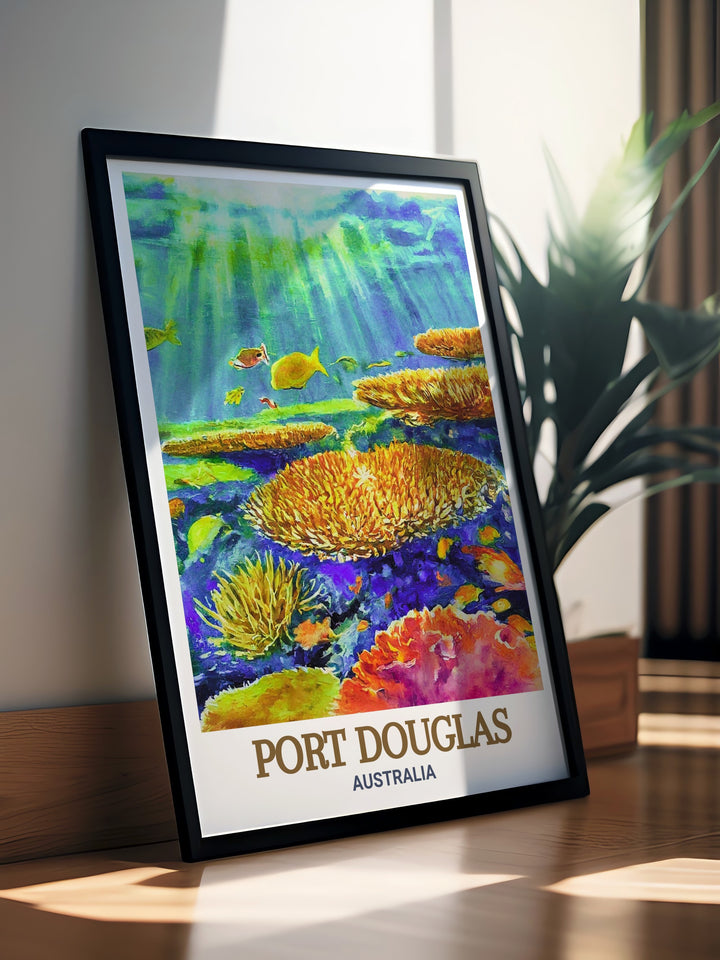 Capture the essence of Australias Port Douglas and the Great Barrier Reef with this travel poster print. Ideal for decorating your home or office, this artwork showcases the vibrant colors of the reef and the lush tropical beauty of Port Douglas.