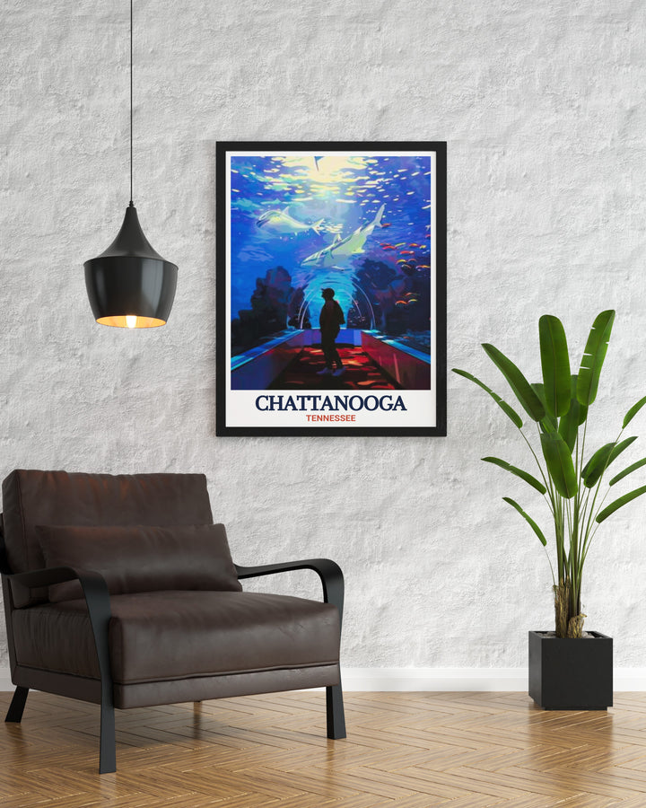 Stunning Chattanooga Travel Print with Tennessee Aquarium as the focal point rendered in a refined black and white design the fine line print captures the charm of Chattanooga making it an ideal addition to your living room or office decor