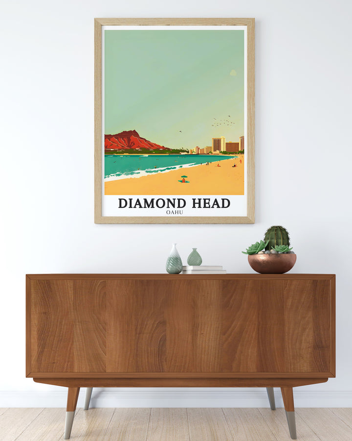 Featuring the majestic Diamond Head and sparkling waters of Waikiki Beach, this canvas art transports you to Hawaiis serene coastal landscape, perfect for your home decor.