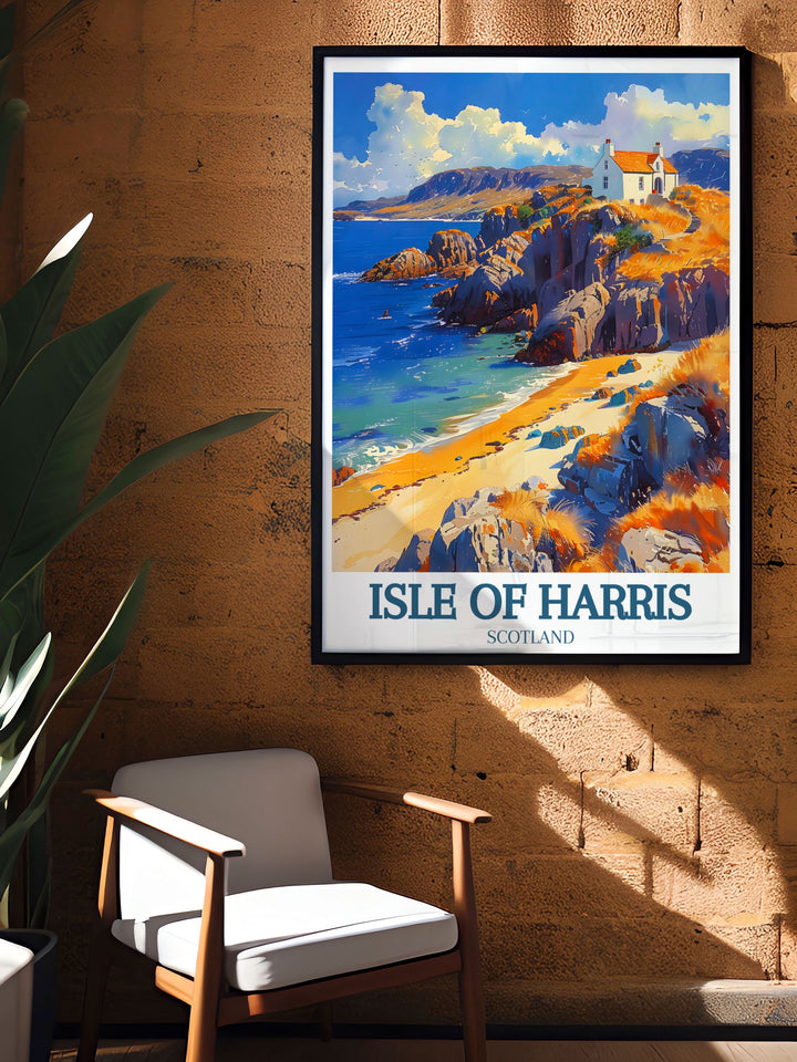 Vintage poster capturing the allure of Luskentyre Beach on the Isle of Harris, perfect for adding a touch of Scottish elegance to your decor.