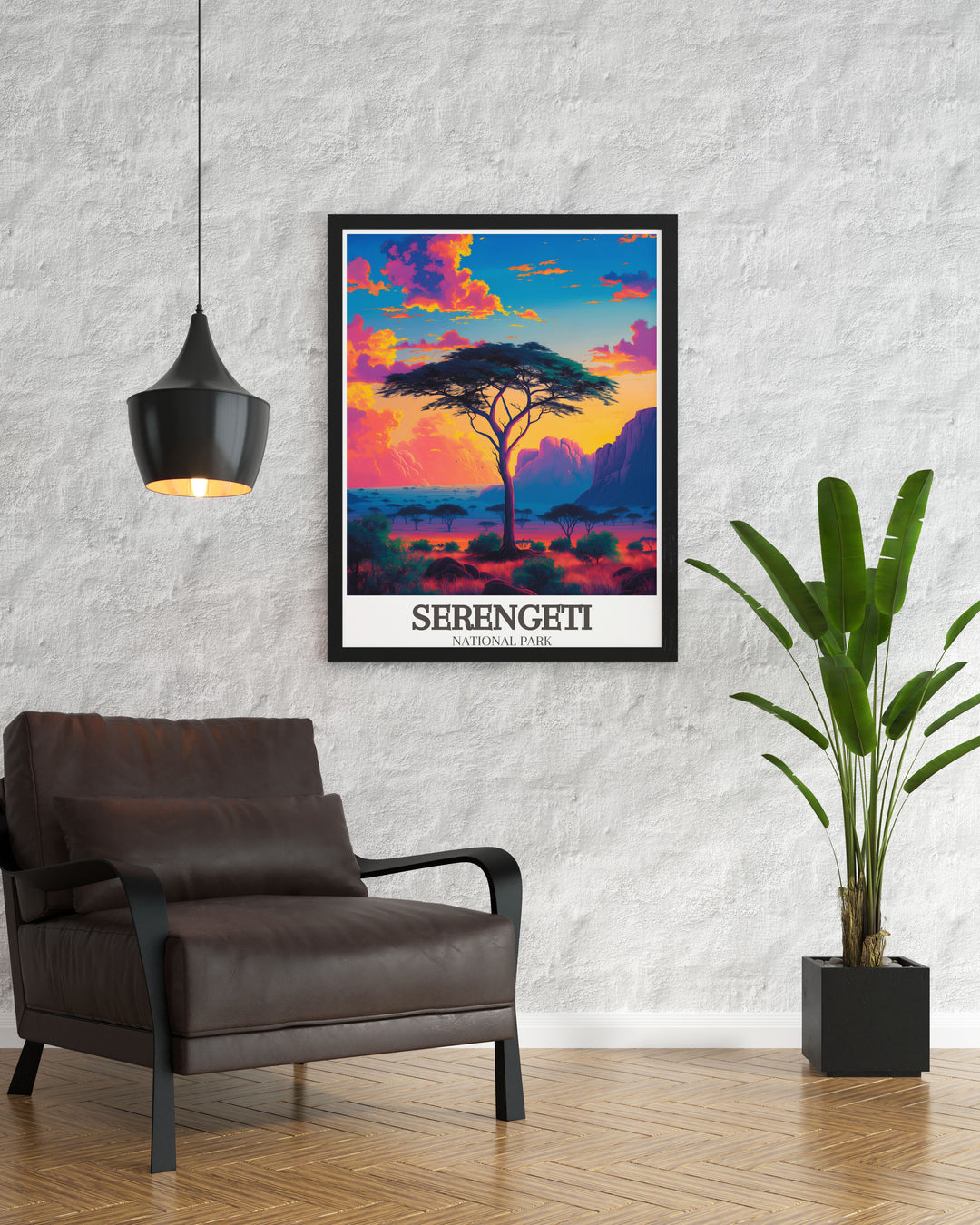 Serengeti poster with Acacia tree savanna scene highlighting the majestic beauty of Tanzania National Park an ideal piece for those who cherish African safari art