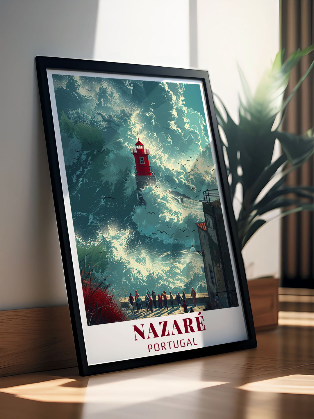 Beautiful Nazare poster featuring Praia do Norte waves a great gift for Portugal enthusiasts ideal for birthdays anniversaries or any special occasion a piece to cherish forever