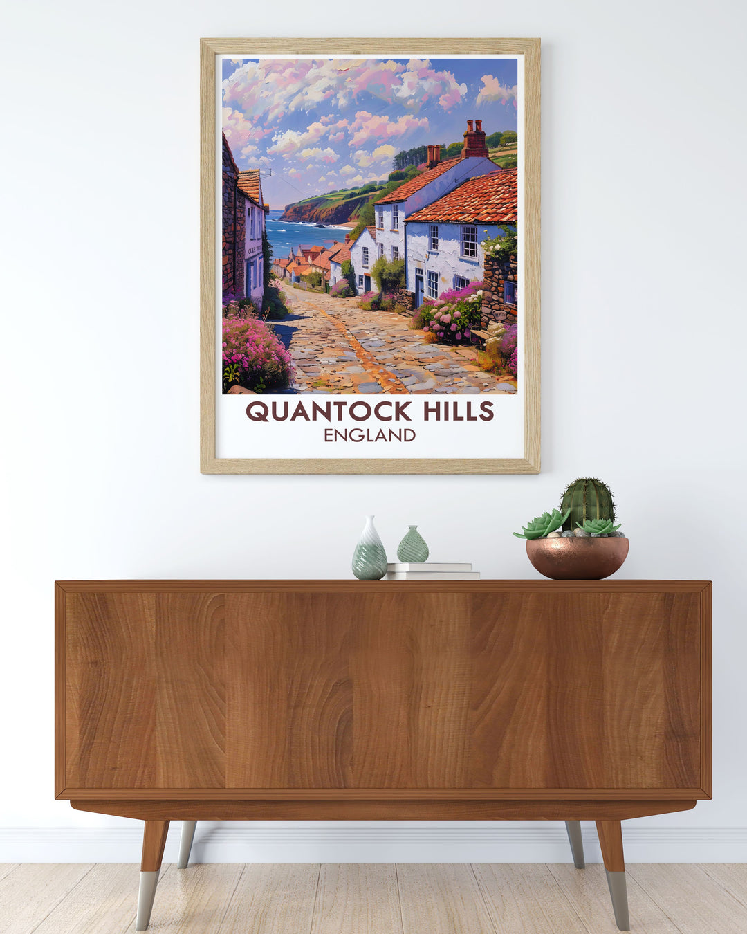 Nether Stowey artwork illustrating the stunning views of Quantock Hills and Somerset AONB a beautiful and elegant travel poster print that enhances any room with its vibrant colors and intricate details of Vale Taunton Deane and Quantock Heath.