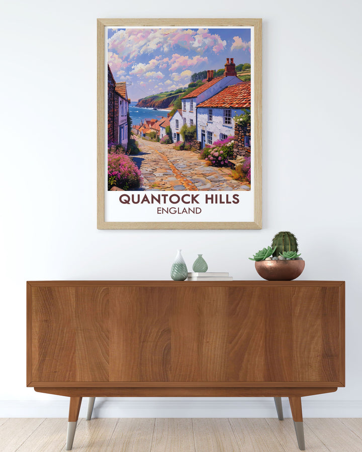 Nether Stowey artwork illustrating the stunning views of Quantock Hills and Somerset AONB a beautiful and elegant travel poster print that enhances any room with its vibrant colors and intricate details of Vale Taunton Deane and Quantock Heath.