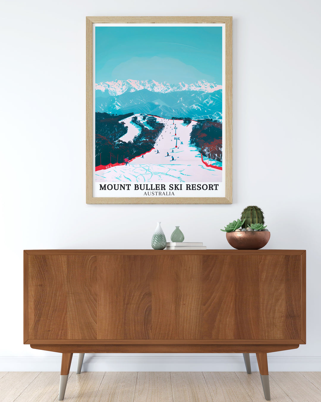 Mt Buller Ski Resort Travel Print capturing the energy and excitement of one of Australias most popular skiing destinations. The detailed artwork brings to life the challenging slopes and vibrant atmosphere, making it a perfect piece for winter sports enthusiasts and adventurers. This print is a great way to celebrate the thrill of skiing.