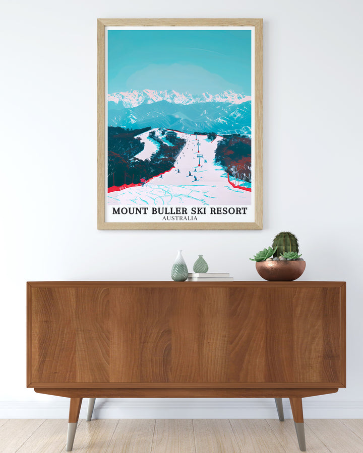 Mt Buller Ski Resort Travel Print capturing the energy and excitement of one of Australias most popular skiing destinations. The detailed artwork brings to life the challenging slopes and vibrant atmosphere, making it a perfect piece for winter sports enthusiasts and adventurers. This print is a great way to celebrate the thrill of skiing.