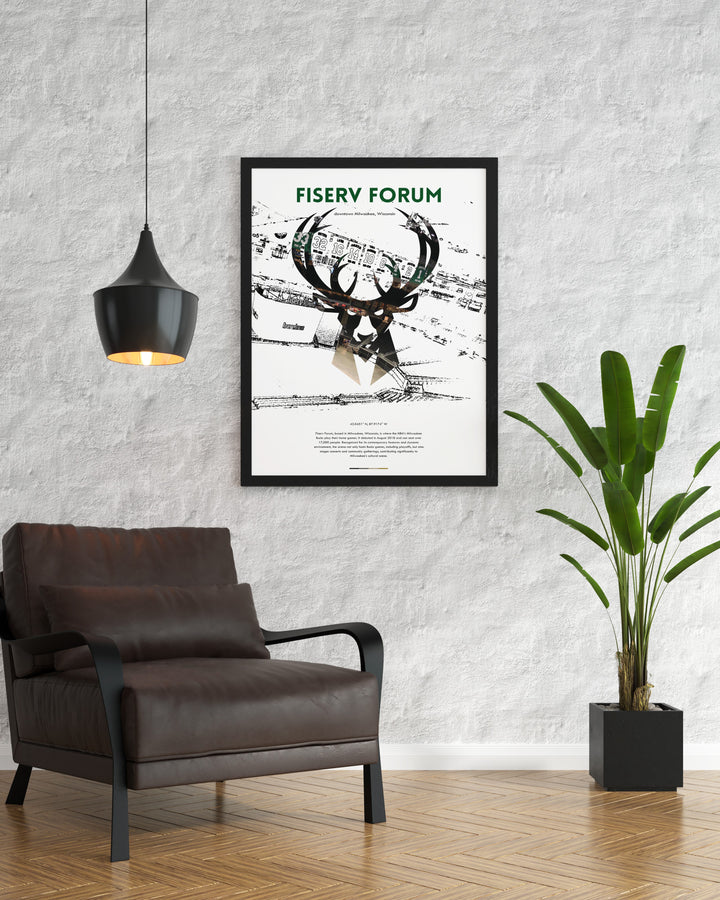 Elevate your space with Fiserv Forum modern art celebrating Giannis Antetokounmpo and the Milwaukee Bucks ideal for a dorm room or living room decor for anyone who loves basketball or Bucks Giannis