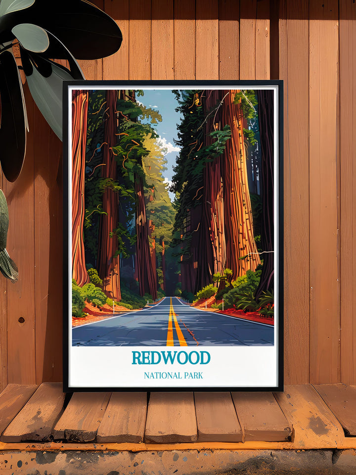 California travel art with Avenue of the Giants print showcasing majestic redwoods ideal for modern home decor and gifts