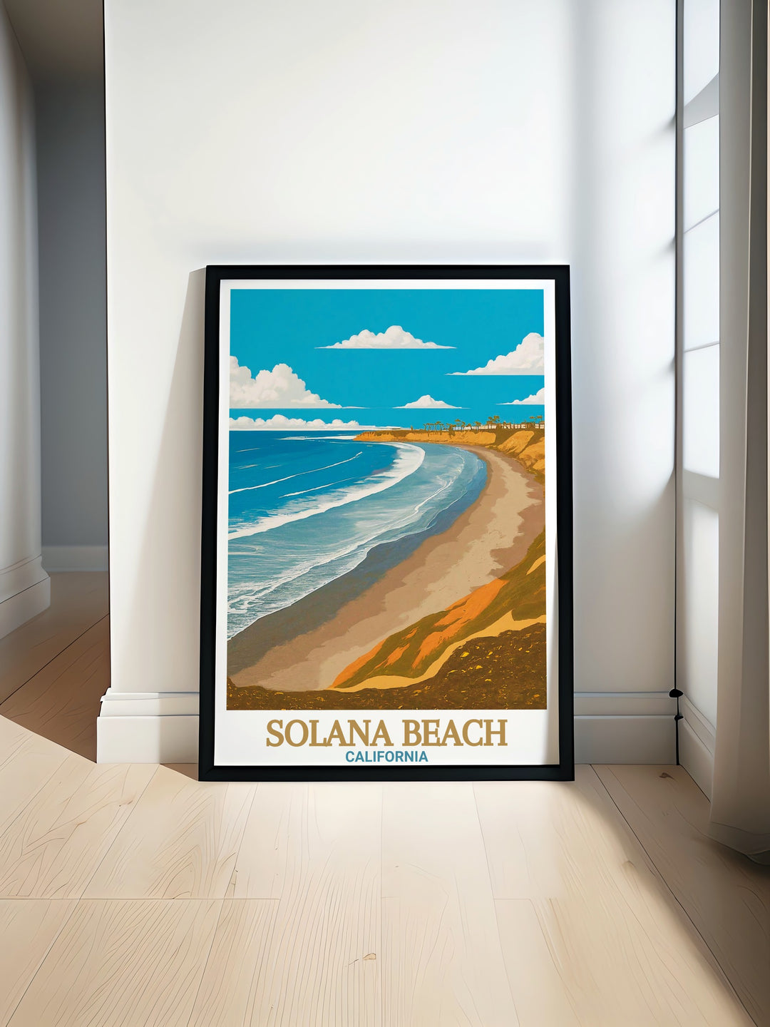 This beach art print depicts the sandy shores of Solana Beach, California, and the tranquil Fletcher Cove, making it the perfect coastal wall decor for any beach house or ocean themed space. The vivid details bring the beauty of the beach to life in your home.