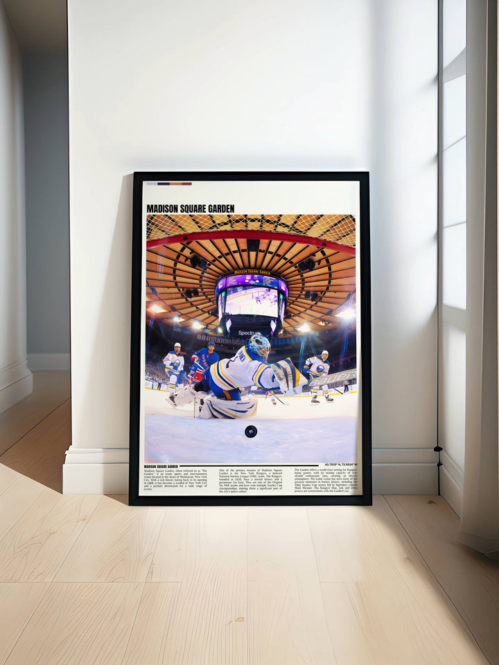 Travel Poster featuring New York Rangers players Jacob Trouba Filip Chytil Jimmy Vesey and Ryan Lindgren perfect for fans and collectors who want to add a touch of Madison Square Garden to their home decor