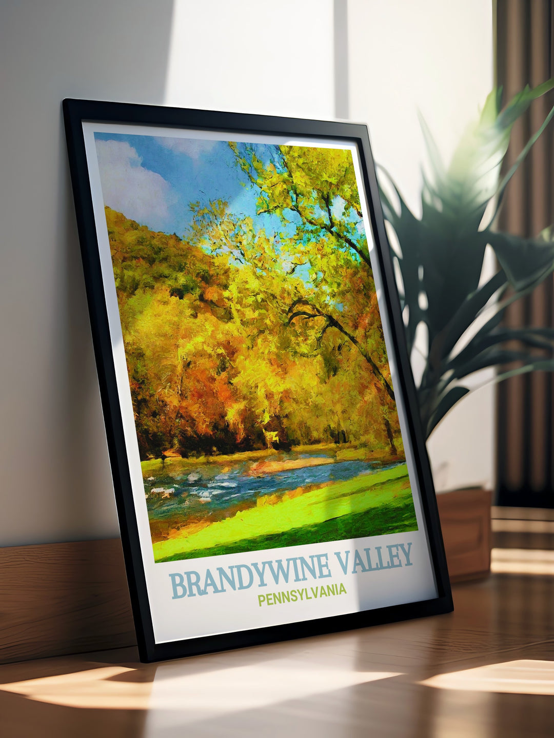 The peaceful landscapes of Brandywine Creek State Park and the historic Brandywine Valley are beautifully illustrated in this travel poster, offering a perfect combination of Pennsylvanias natural and cultural heritage for your wall decor.