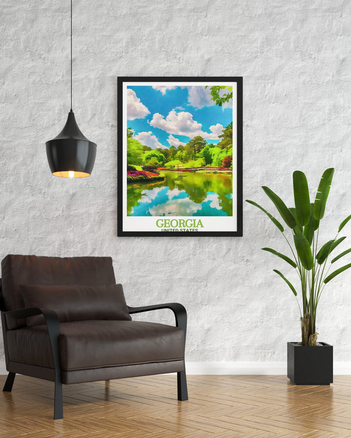 Stunning art print of Georgias landmarks, showcasing Atlantas skyline and the serene landscapes of Callaway Gardens. This travel poster is a must have for any home or office, bringing the essence of Georgias charm and beauty into your space.