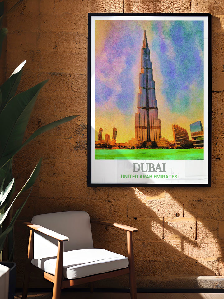 Dubai print featuring the Burj Khalifa and a detailed botanical garden motif adding a touch of modern elegance to your living space perfect for art lovers and travelers who appreciate the beauty of iconic cityscapes