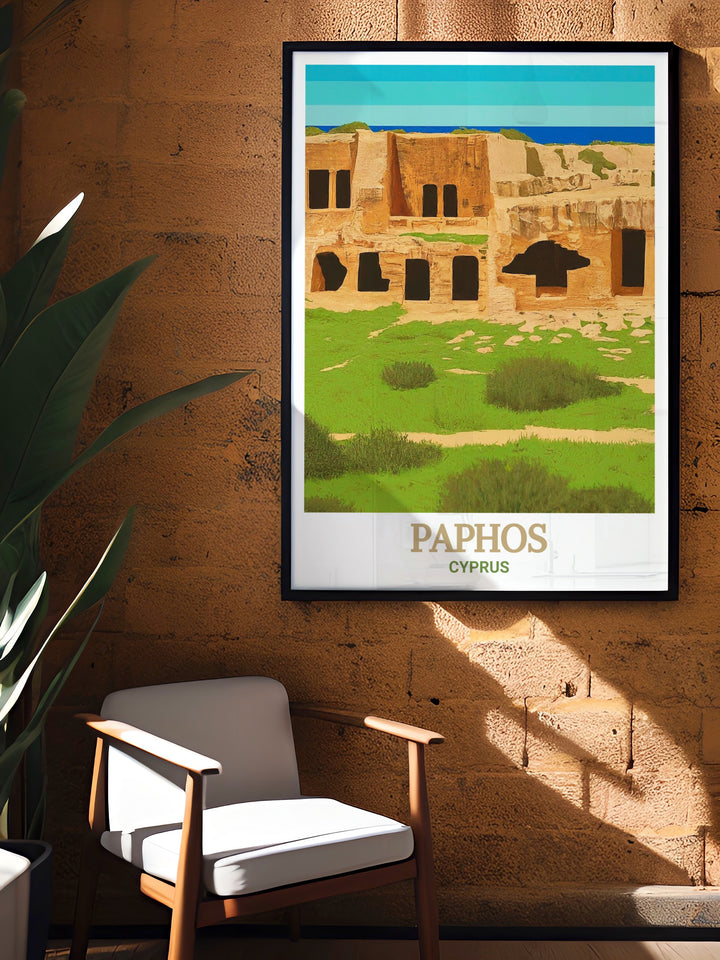 Inspire your next Mediterranean adventure with this Paphos wall poster, featuring the iconic Tombs of the Kings and the rich history of Cyprus. The detailed imagery and vibrant colors make it a standout piece.