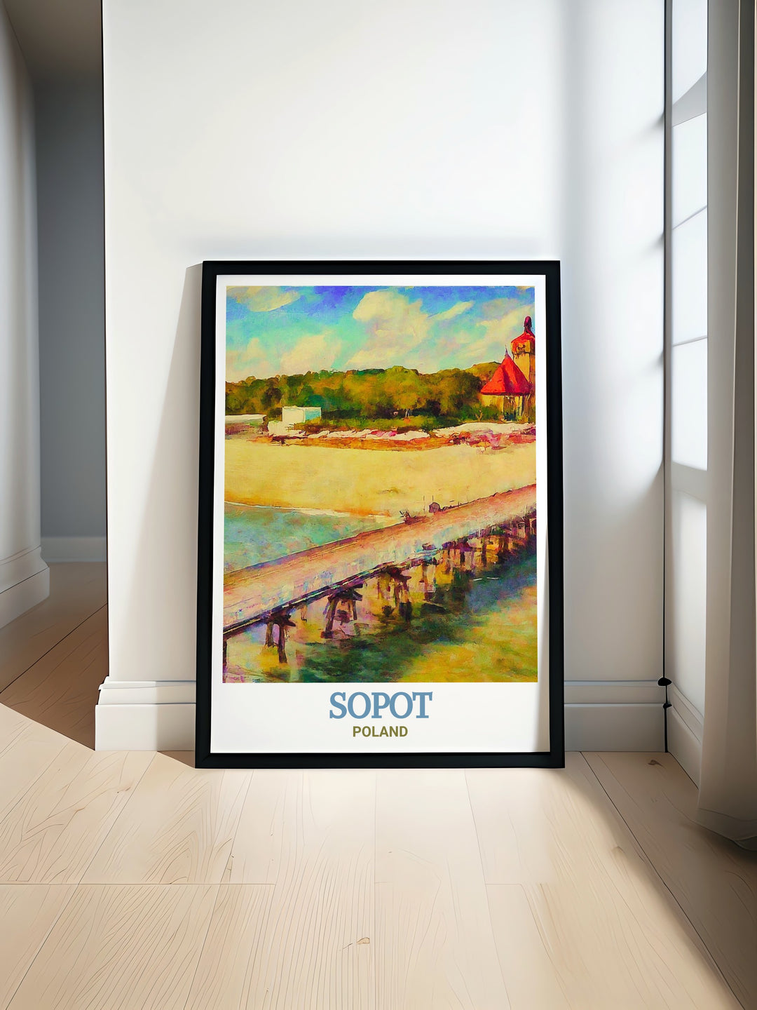 Captivating wall decor featuring Sopot Pier, Poland, with a focus on the piers length and the serene waters of the Baltic Sea. This travel poster is a perfect choice for those who want to bring a piece of Polands coastal history into their home.