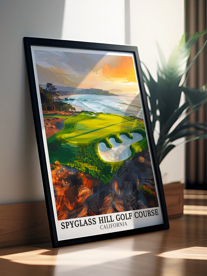 Golf course travel wall decor pieces capturing the breathtaking scenery of Spyglass Hill Golf Courses Bird Rock in Monterey Bay, California. Perfect for those who love golf, these wall decorations add a touch of elegance to any room. Enjoy the vivid colors and detailed landscapes of the course through our high quality travel wall art.