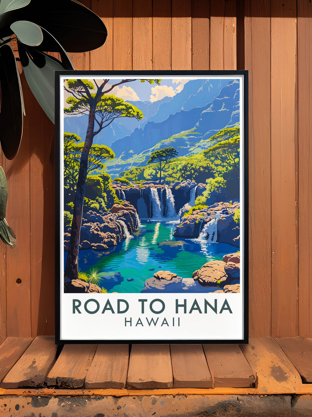 Captivating Road to Hana poster highlighting the lush greenery and beautiful vistas of this famous drive. The Sacred Pools modern art decor adds a serene and elegant touch to any room, making it a great choice for nature lovers.