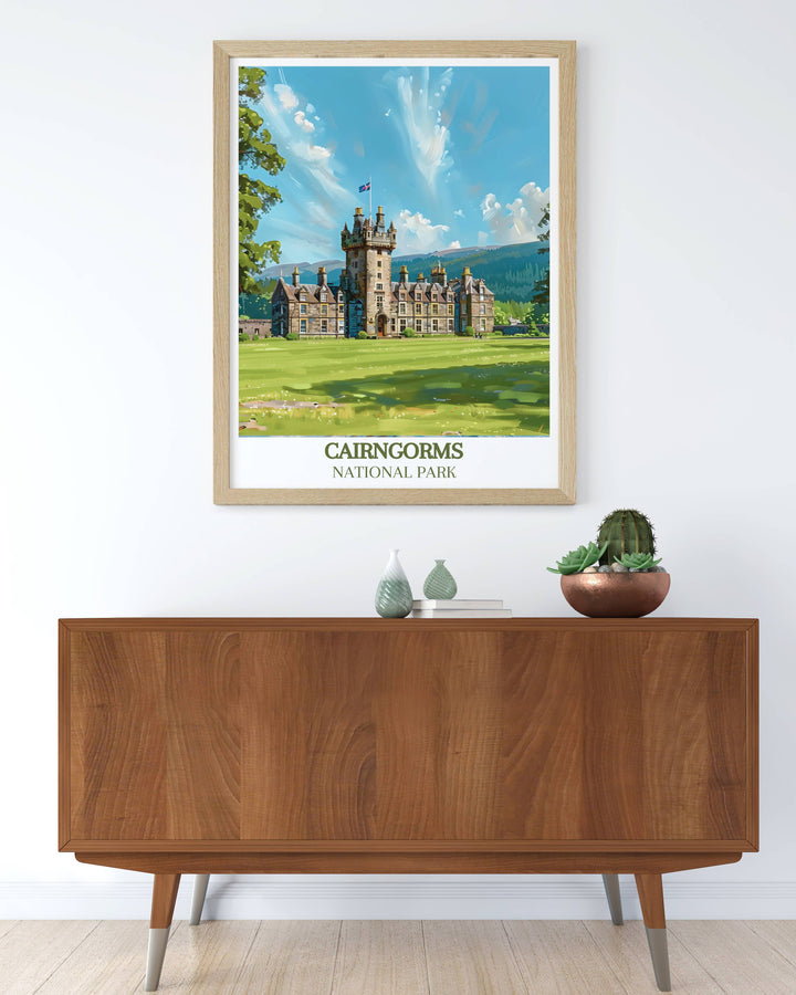 Retro Travel Poster featuring Balmoral Castle and the Cairngorms. This Scotland print offers a glimpse into the picturesque beauty of the Highlands, perfect for enhancing any home decor with a touch of history.