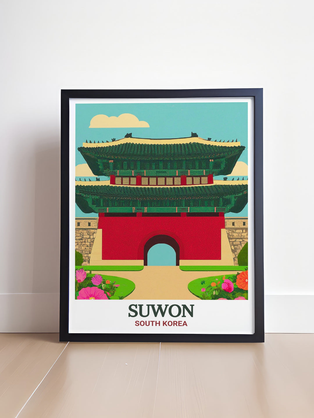 The beauty of Suwons Paldalmun Gate is highlighted in this vibrant South Korea travel poster. The detailed artwork adds a touch of Korean history to your home, making it ideal for travel enthusiasts and collectors of global art.