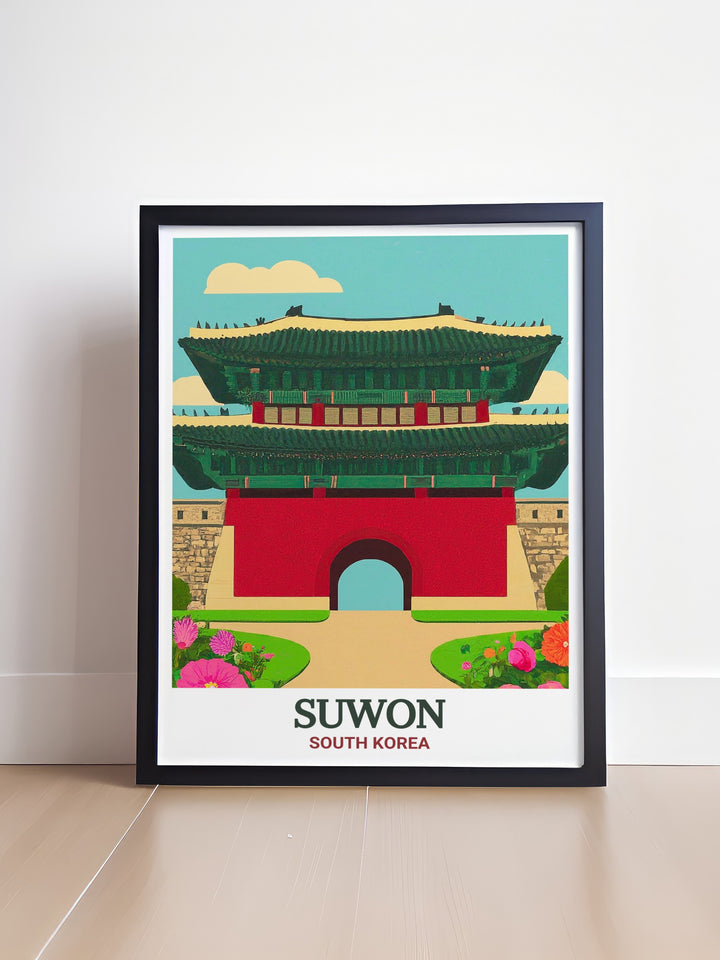 The beauty of Suwons Paldalmun Gate is highlighted in this vibrant South Korea travel poster. The detailed artwork adds a touch of Korean history to your home, making it ideal for travel enthusiasts and collectors of global art.