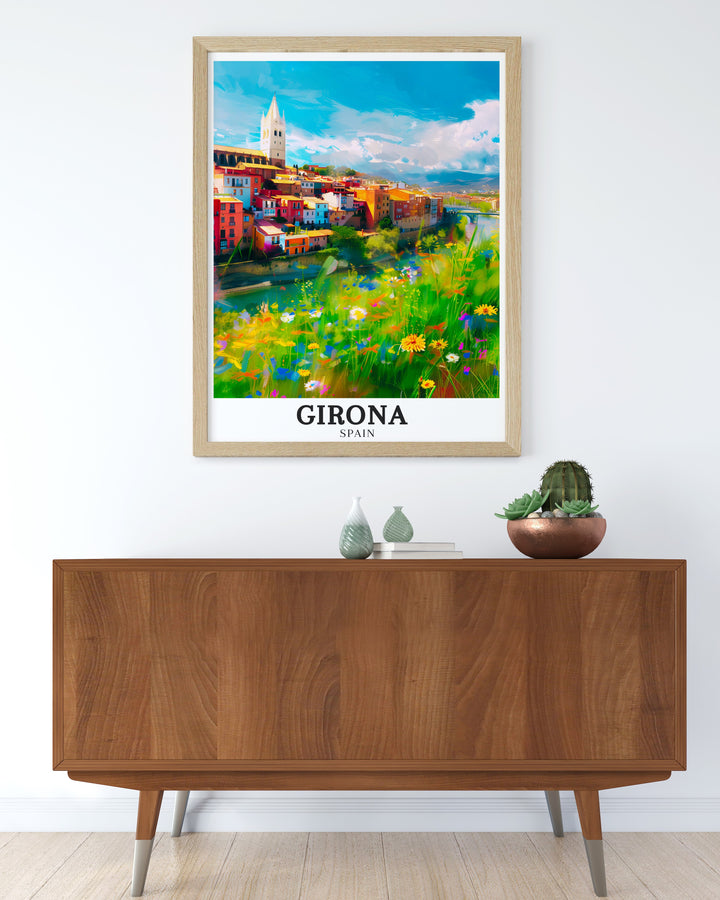 Vibrant Girona travel print depicting the Girona Cathedral and the scenic Onyar River in Spain. This Spain wall art brings out the historic charm of the cathedral and the lively colors of the riverside houses, creating a piece that is both calming and inspiring