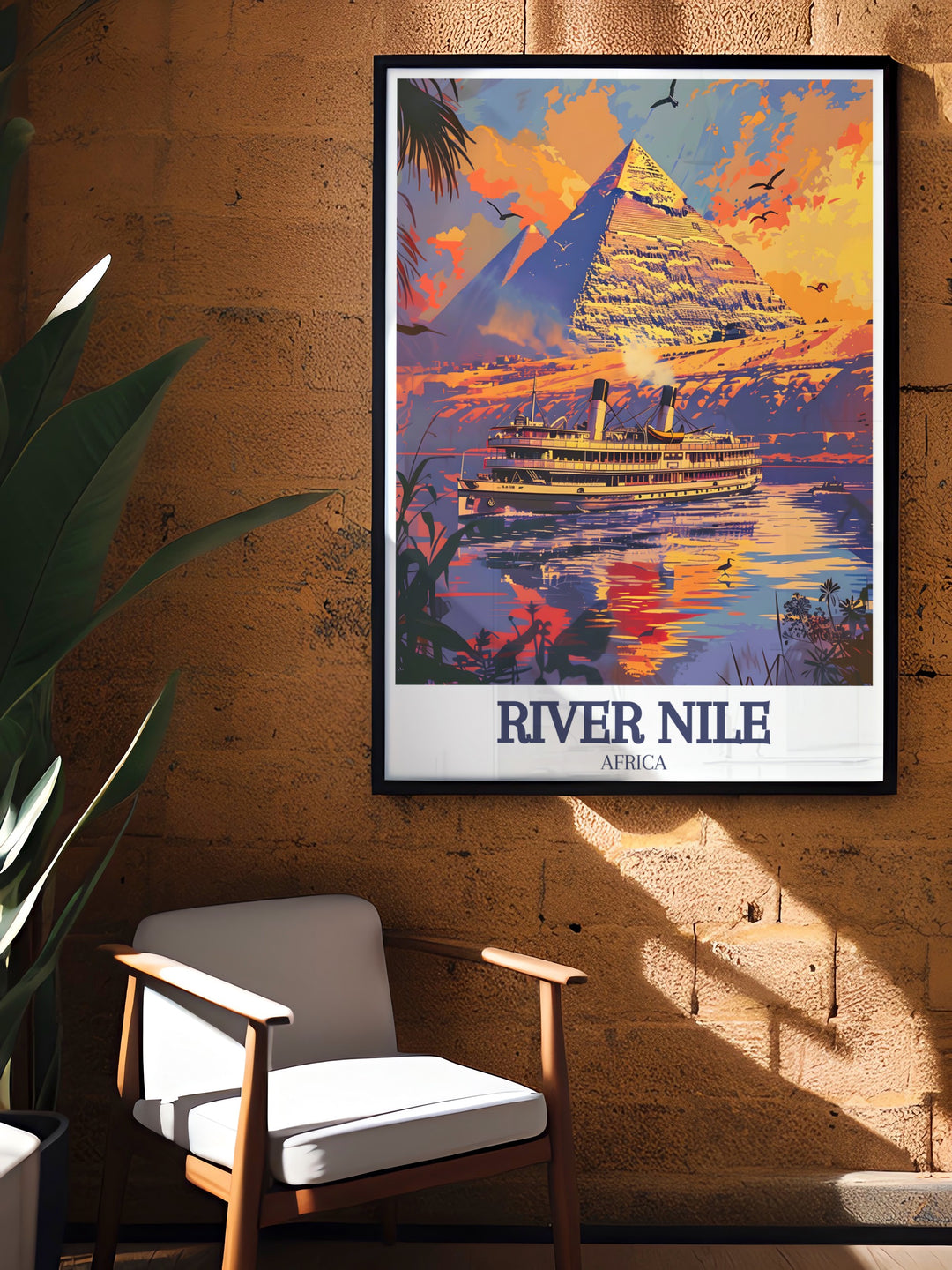 This River Nile Poster Print showcases the timeless beauty of Egypts River Nile as it flows alongside the Pyramids of Giza. The artwork captures the serene majesty of both landmarks, making it a perfect addition to any room, ideal for travelers or history enthusiasts seeking a piece of ancient Egypt.