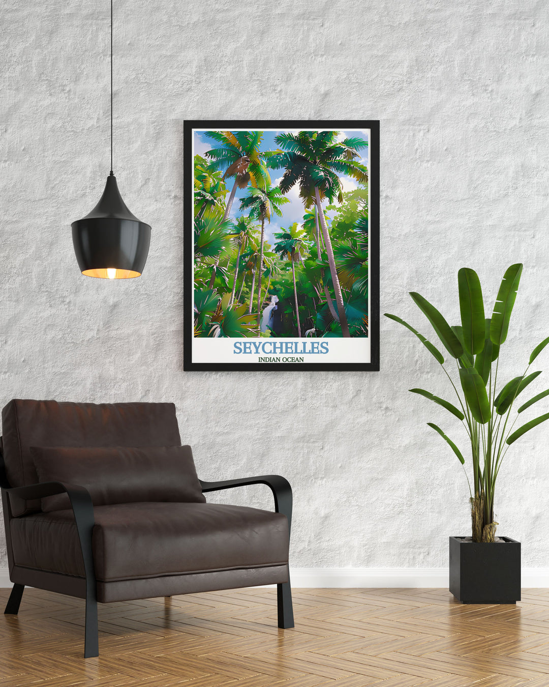 This poster of Vallée de Mai and the Indian Ocean captures the stunning natural beauty and serene atmosphere of Seychelles, inviting viewers to explore this tropical gem.