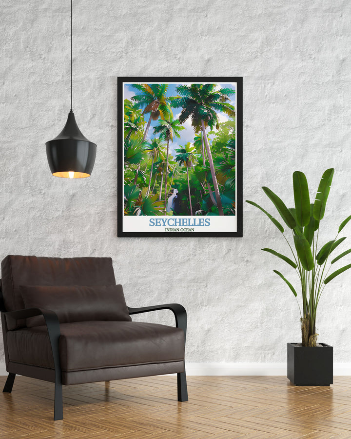 Capture the essence of the Seychelles with this Indian Ocean Travel Print, featuring the Vallée de Mai. The artworks vibrant colors and intricate details of this UNESCO site offer a beautiful tribute to the Indian Oceans natural beauty, making it a perfect addition to any wall.